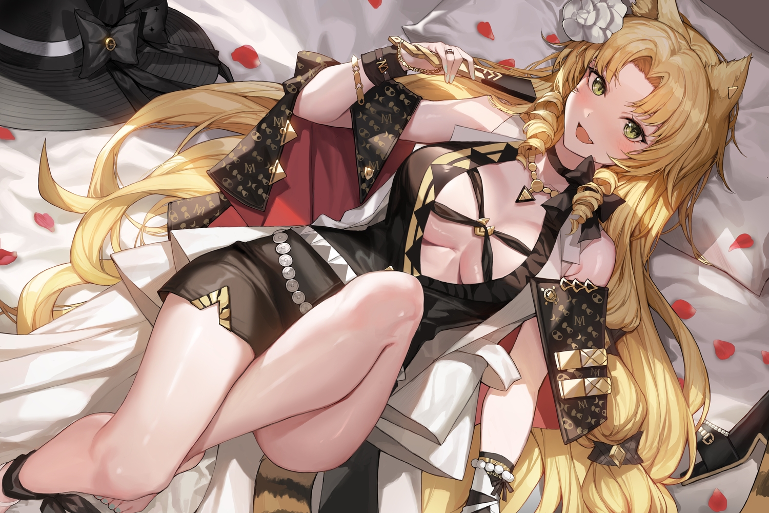 animal_ears, arknights, bed, blonde_hair, blush, bow, breasts, catgirl