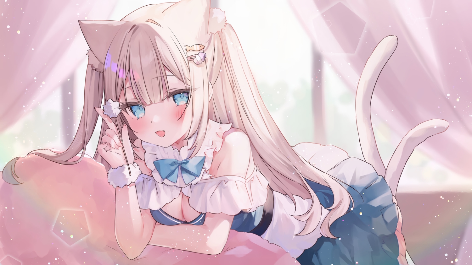 aqua_eyes, blush, bow, breasts, brown_hair, cat_smile, cleavage, dress, fang, hakua_aa, long_hair, multiple_tails, tail, tsukimachi_nyamo, twintails, wristwear