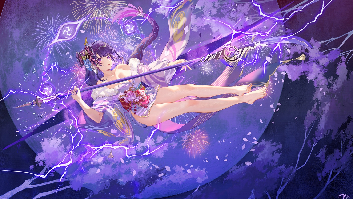 atdan, barefoot, bow, braids, breasts, cleavage, flowers, genshin_impact, japanese_clothes, kimono, long_hair, magic, moon, night, no_bra, petals, ponytail, purple, purple_eyes, purple_hair, raiden_shogun, signed, spear, tree, weapon
