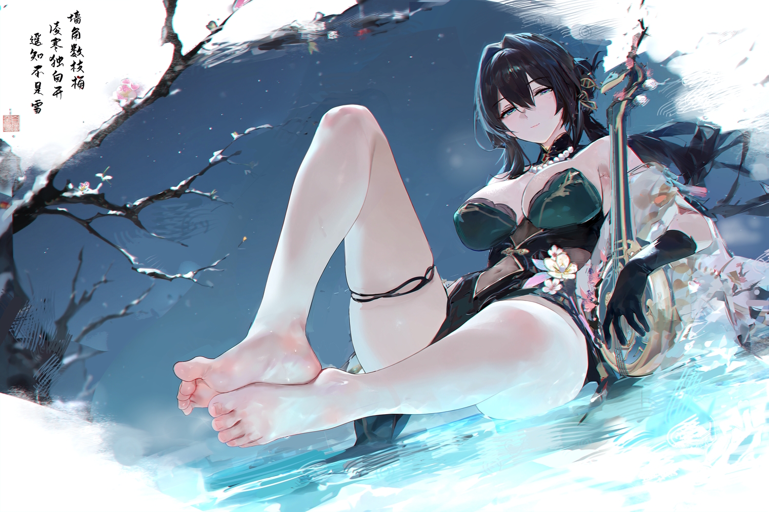 barefoot, black_eyes, black_hair, breasts, flowers, gloves, honkai_(series), honkai:_star_rail, instrument, misaka_12003-gou, navel, necklace, ruan_mei_(honkai:_star_rail), water