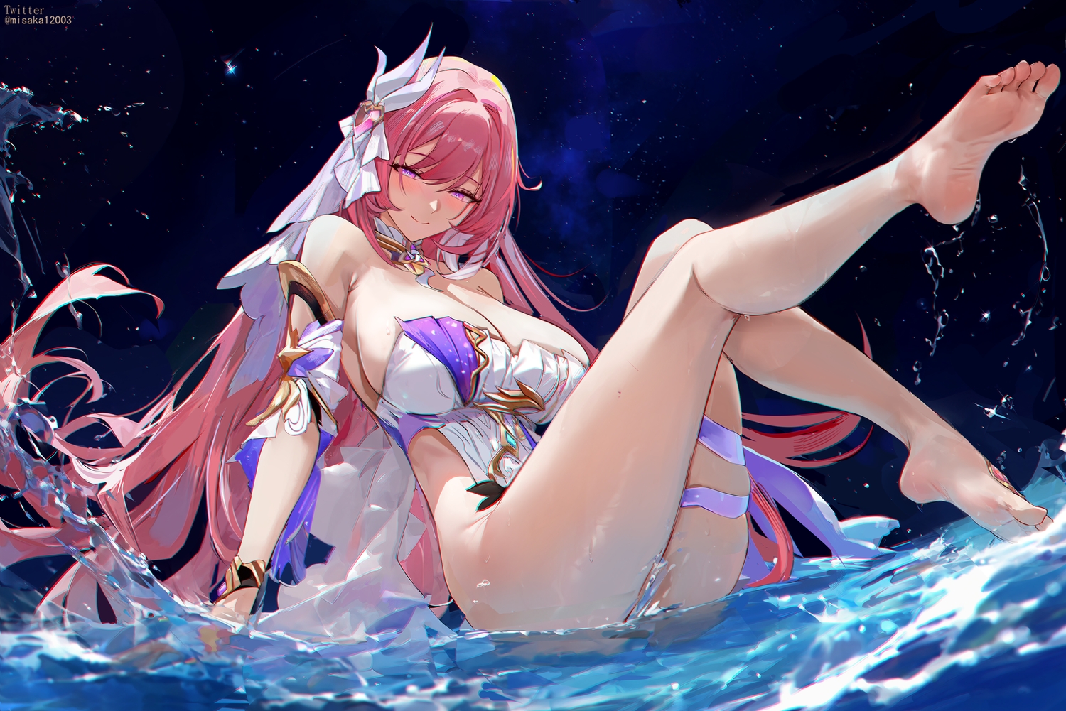 barefoot, blush, breasts, cleavage, elysia_(honkai_impact), honkai_impact, honkai_(series), long_hair, misaka_12003-gou, pink_hair, purple_eyes, stars, water, watermark