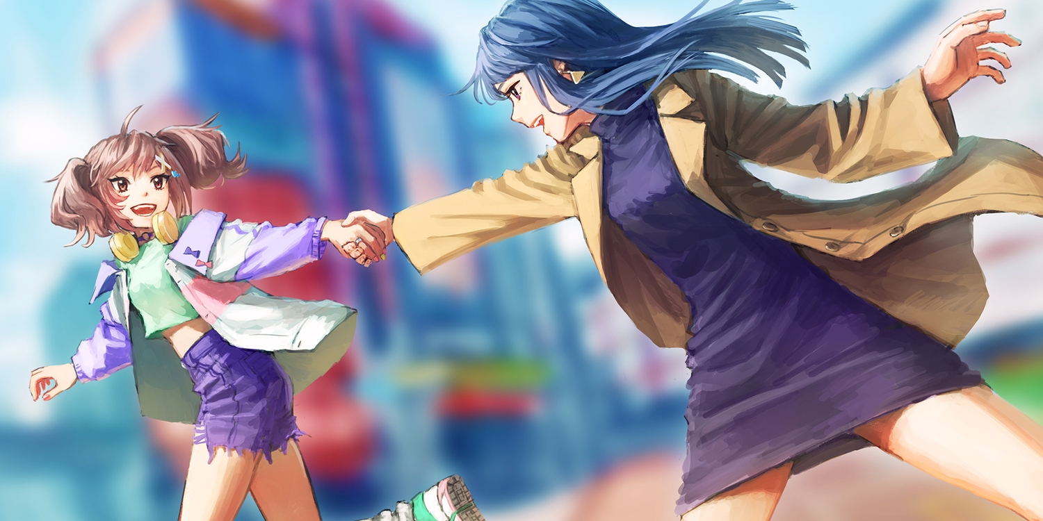2girls, blue_hair, brown_eyes, building, choker, city, dress, headphones