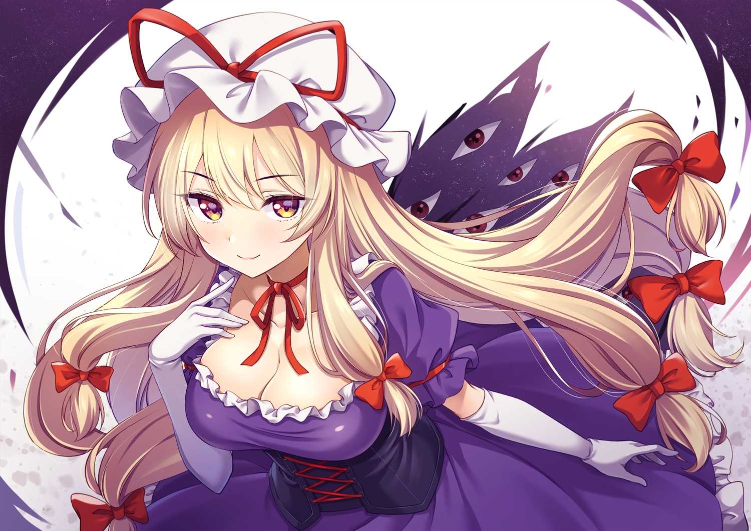 blonde_hair, bow, breasts, choker, cleavage, corset, dress, elbow_gloves