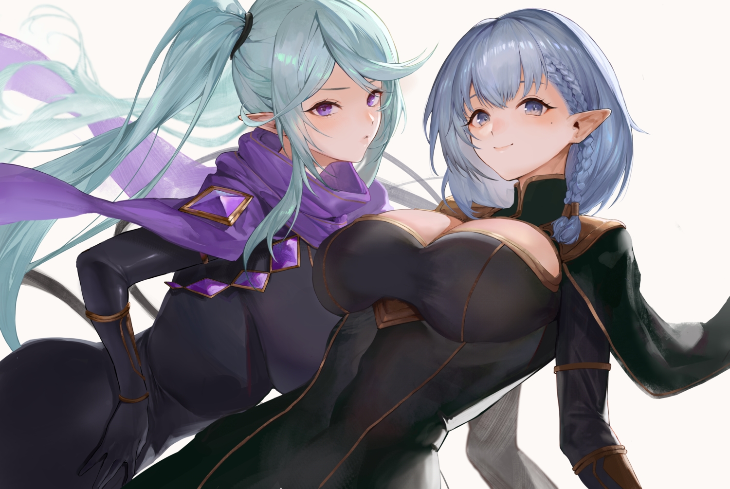 2girls, aqua_hair, beta_(kage_no_jitsuryokusha_ni_naritakute!), braids, epsilon_(kage_no_jitsuryokusha_ni_naritakute!), gray_eyes, kage_no_jitsuryokusha_ni_naritakute!, long_hair