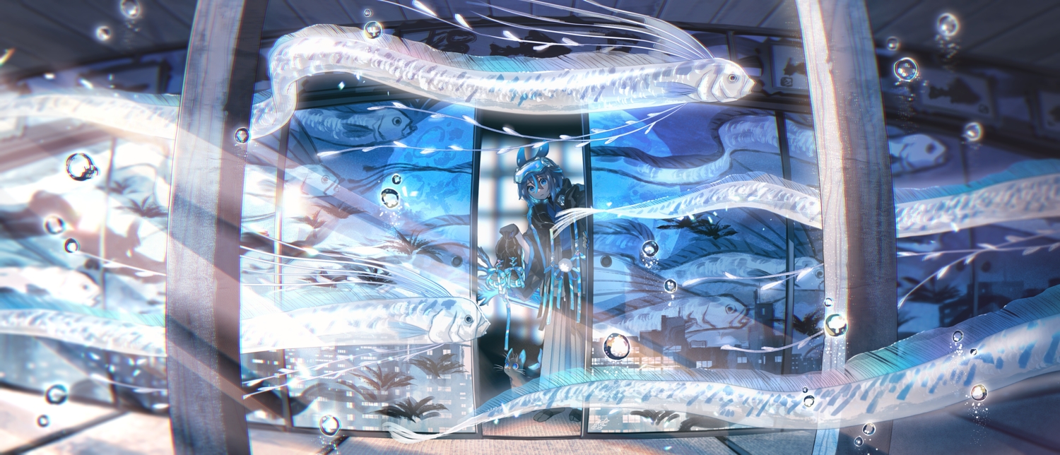 all_male, animal, black_hair, blue_eyes, bubbles, cat, fish, gloves