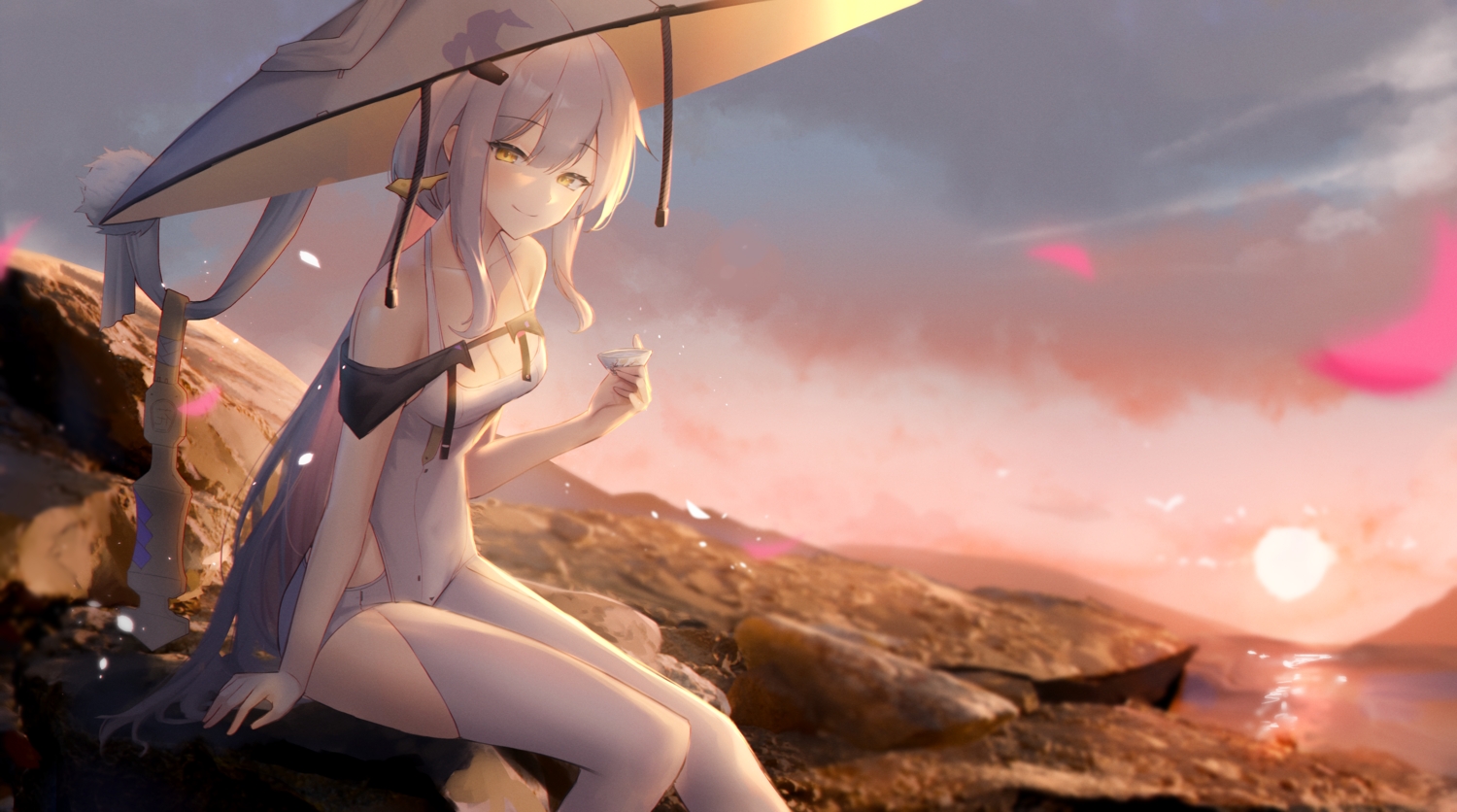breasts, clouds, goddess_of_victory:_nikke, gray_hair, maviss_03, scarlet_(nikke), sky, thighhighs, umbrella, water, yellow_eyes