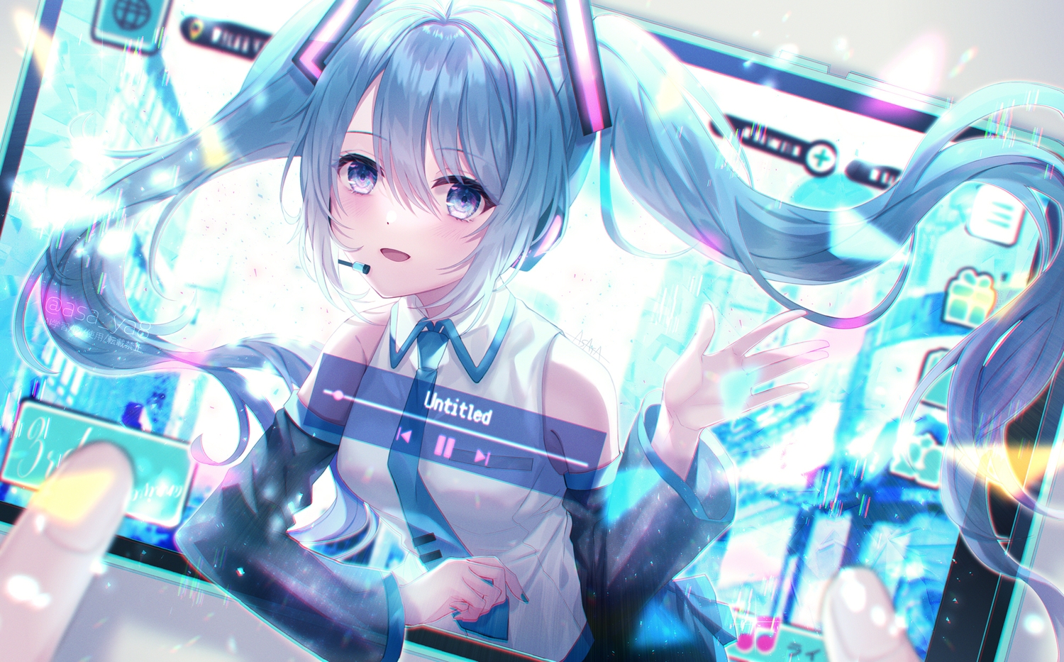 aqua_eyes, aqua_hair, asaya-bigun, blush, hatsune_miku, headphones, long_hair, microphone