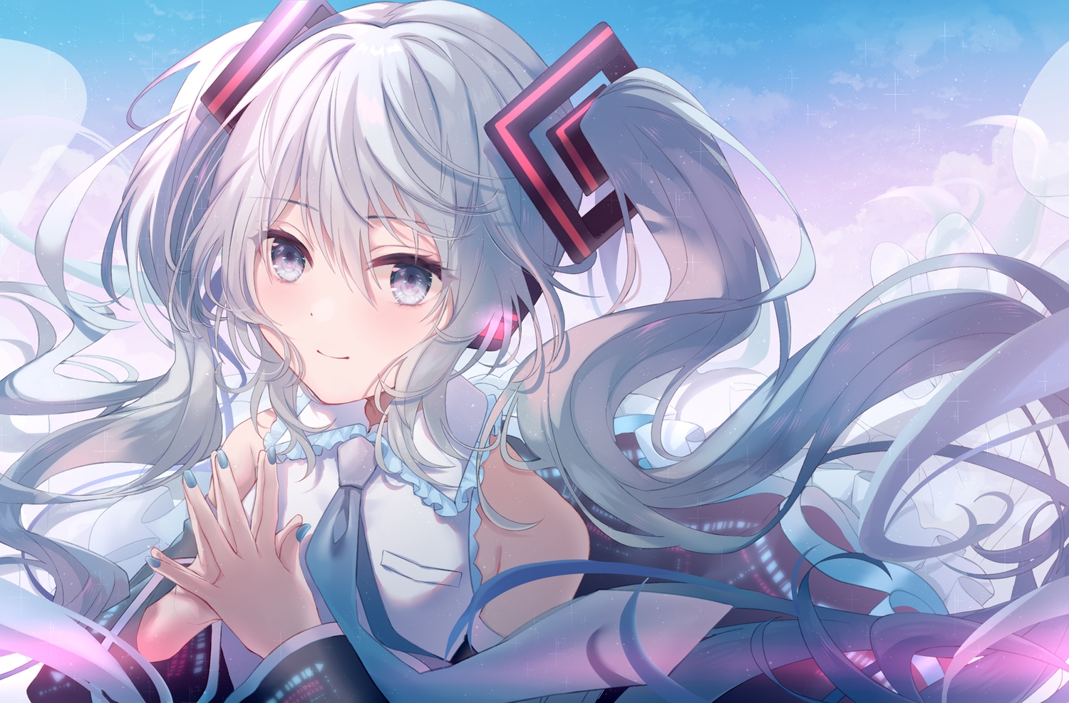 aqua_eyes, aqua_hair, asaya-bigun, close, clouds, hatsune_miku, headphones, long_hair