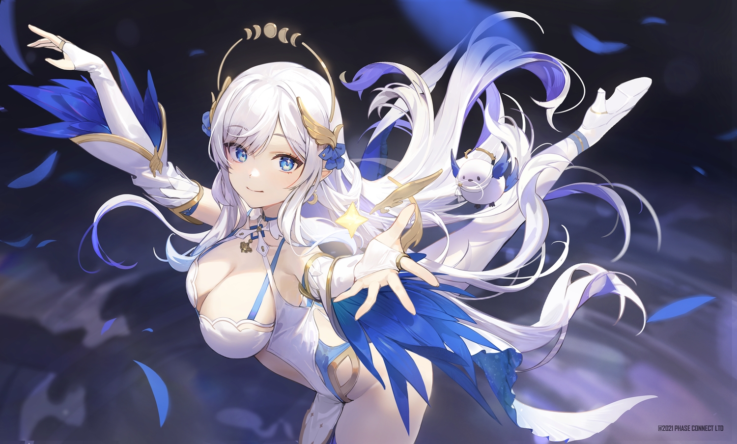 animal, bird, breasts, choker, cleavage, dress, elbow_gloves, feathers, gloves, hansum, hikanari_hina, long_hair, phase_connect, pointed_ears, watermark, white_hair