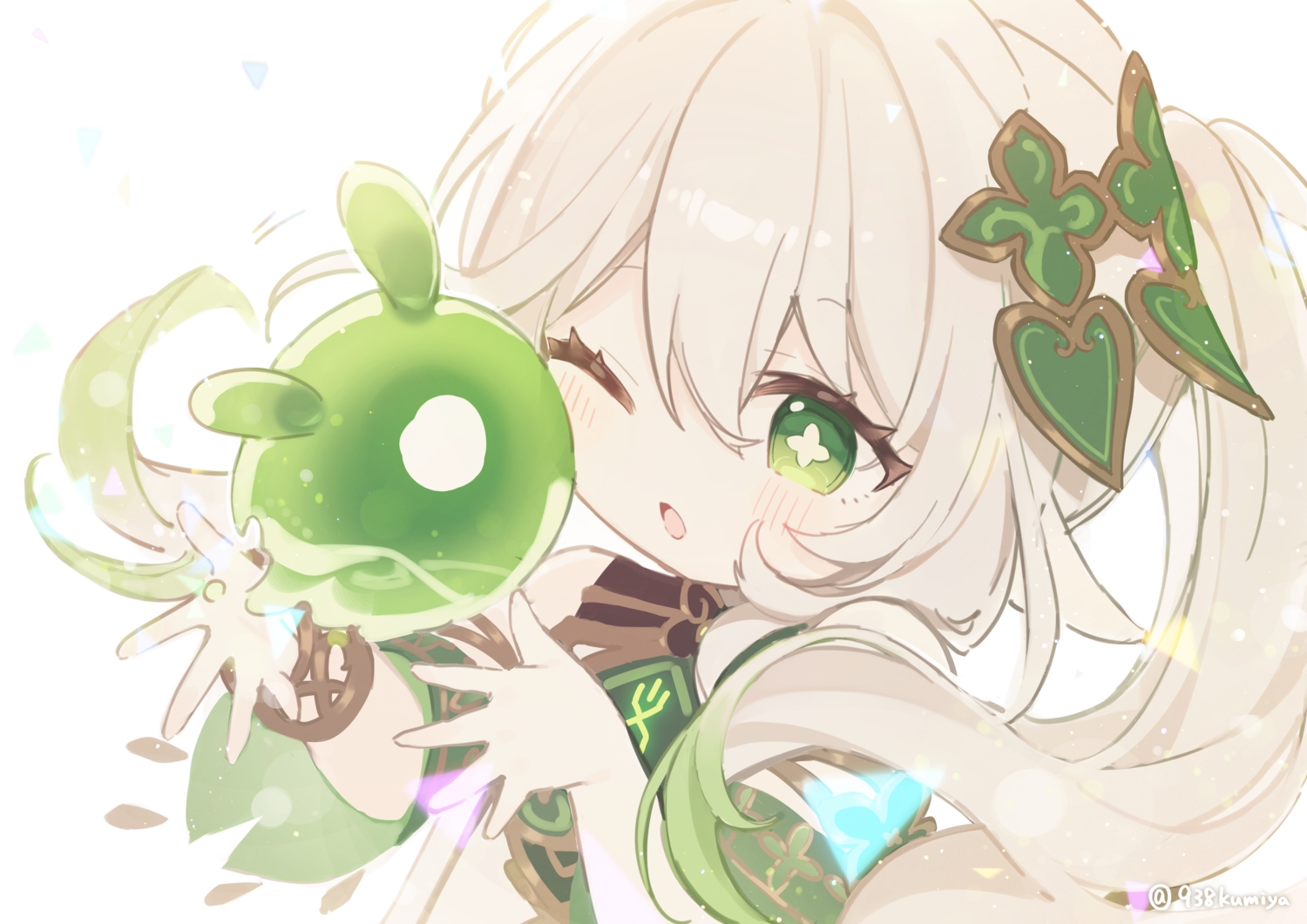 blush, close, genshin_impact, green_eyes, kumiya, loli, long_hair, nahida_(genshin_impact), ponytail, signed, sketch, white_hair, wink