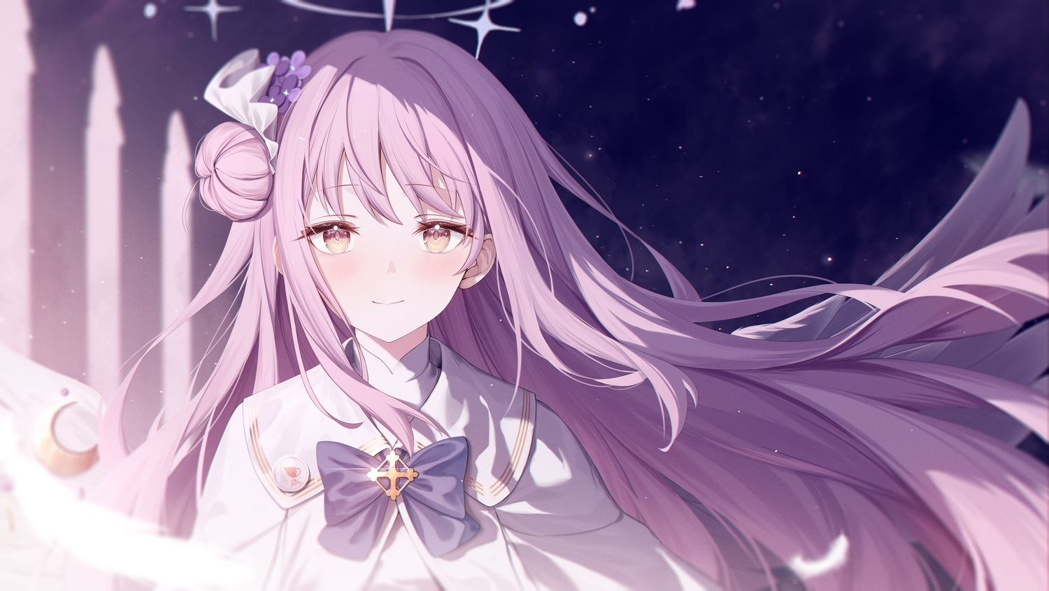 blue_archive, blush, bow, brown_eyes, cape, close, halo, jpeg_artifacts