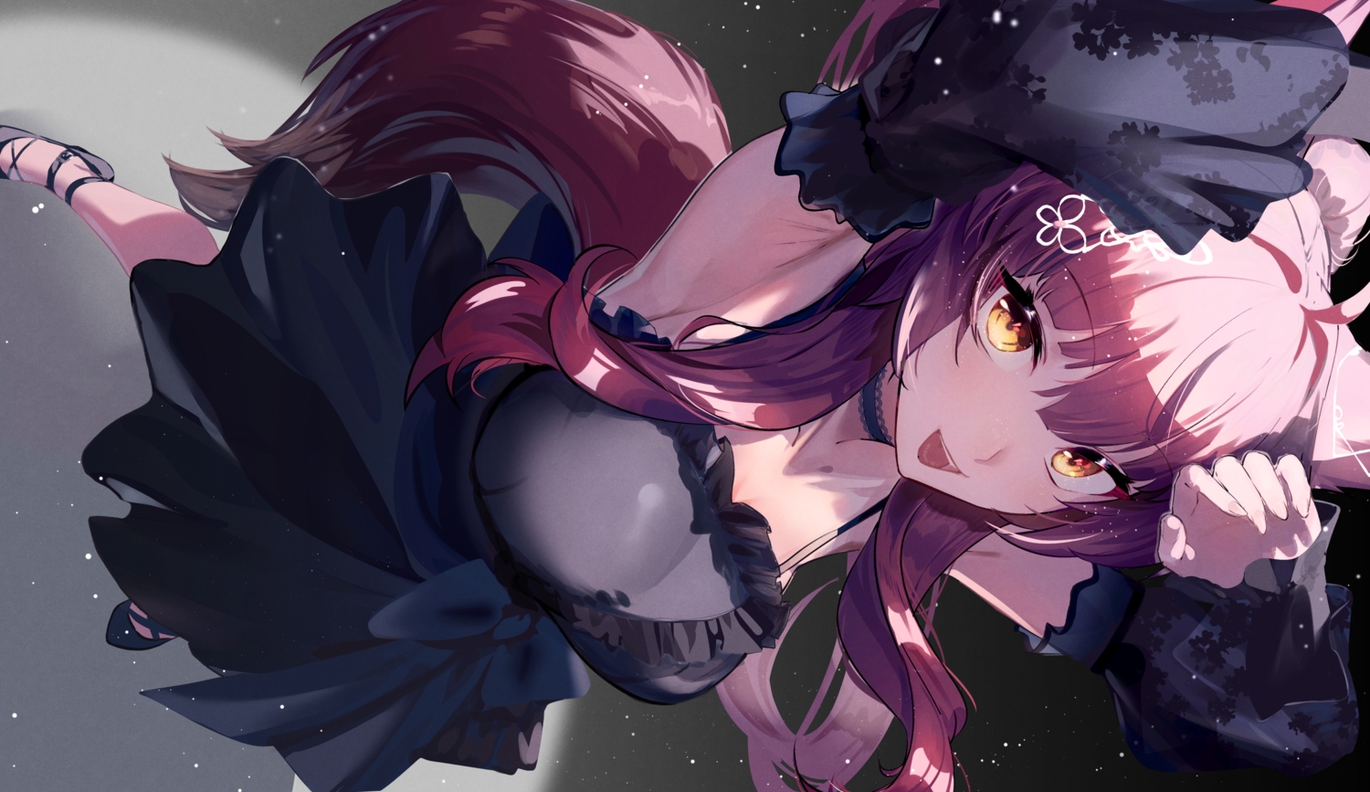 animal_ears, brown_hair, choker, dress, foxgirl, fumi_(nijisanji), long_hair, murechika, nijisanji, tail, yellow_eyes