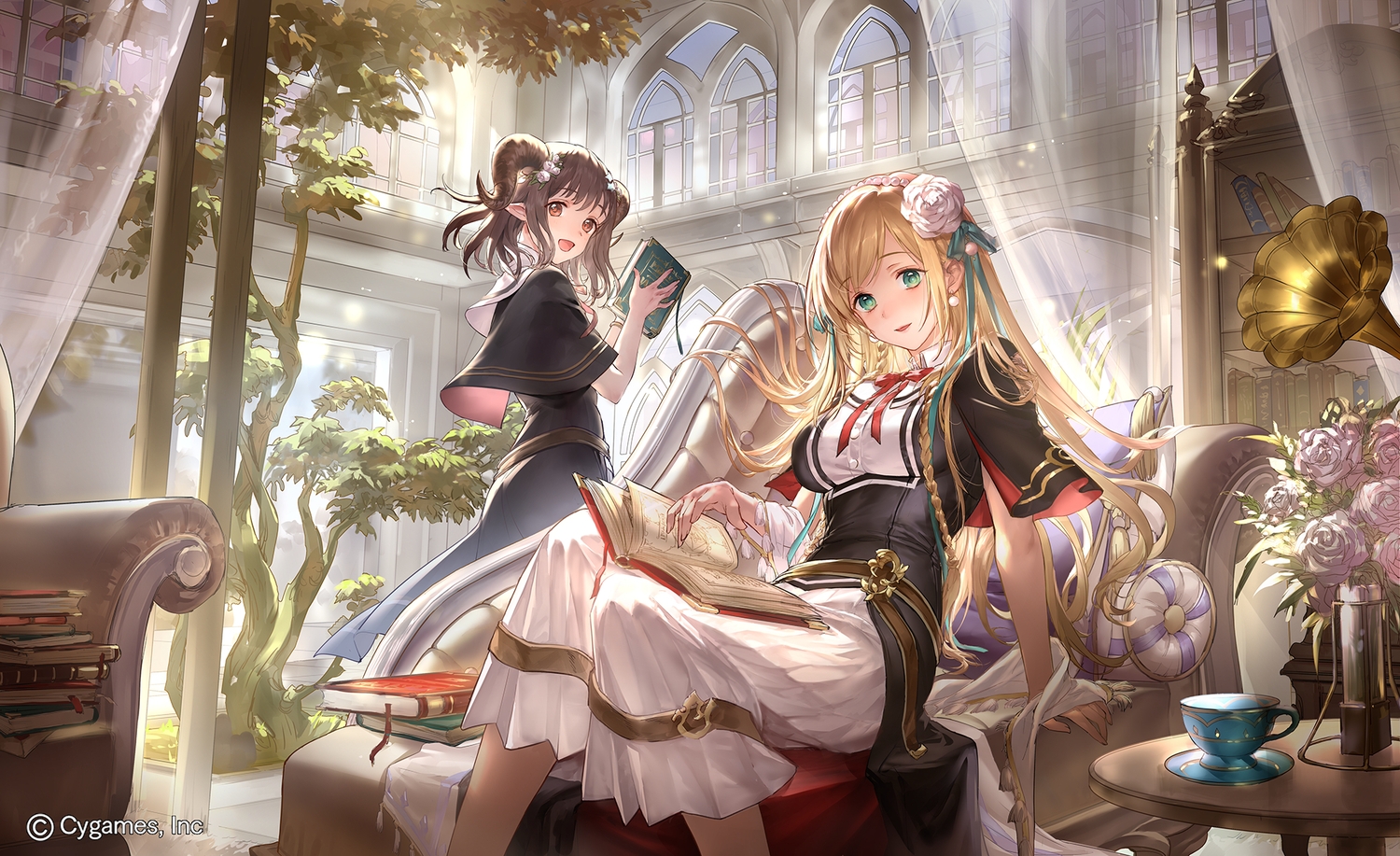 2girls, aqua_eyes, blonde_hair, book, brown_hair, flowers, liiko, long_hair