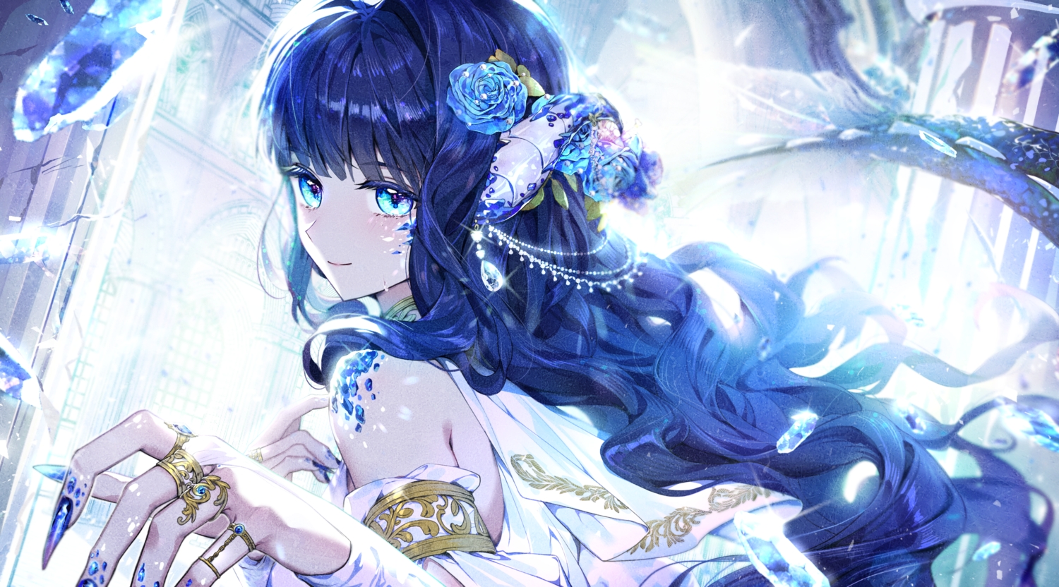 aqua_eyes, blue_hair, cika_k, close, flowers, long_hair, original, rose