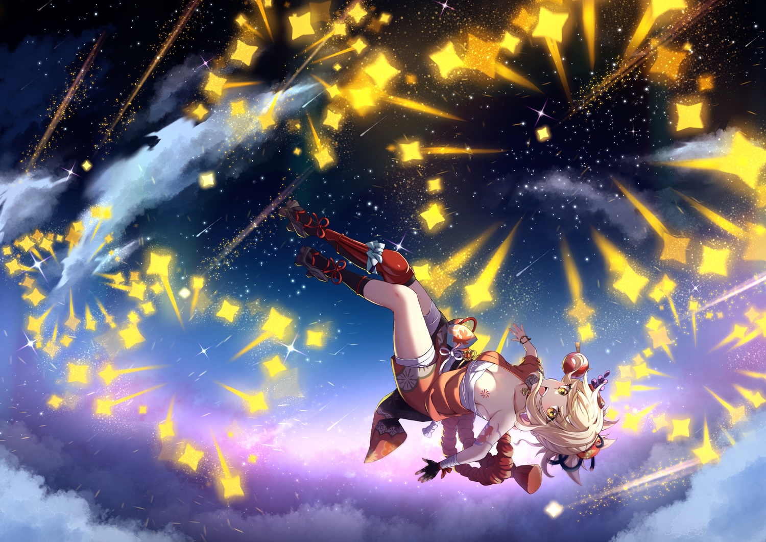 armor, bandage, blonde_hair, breasts, choker, cleavage, clouds, fireworks, genshin_impact, gloves, japanese_clothes, kneehighs, night, orange_eyes, sarashi, short_hair, sky, stars, tattoo, underwear, wanatsu_15, wristwear, yoimiya_(genshin_impact)