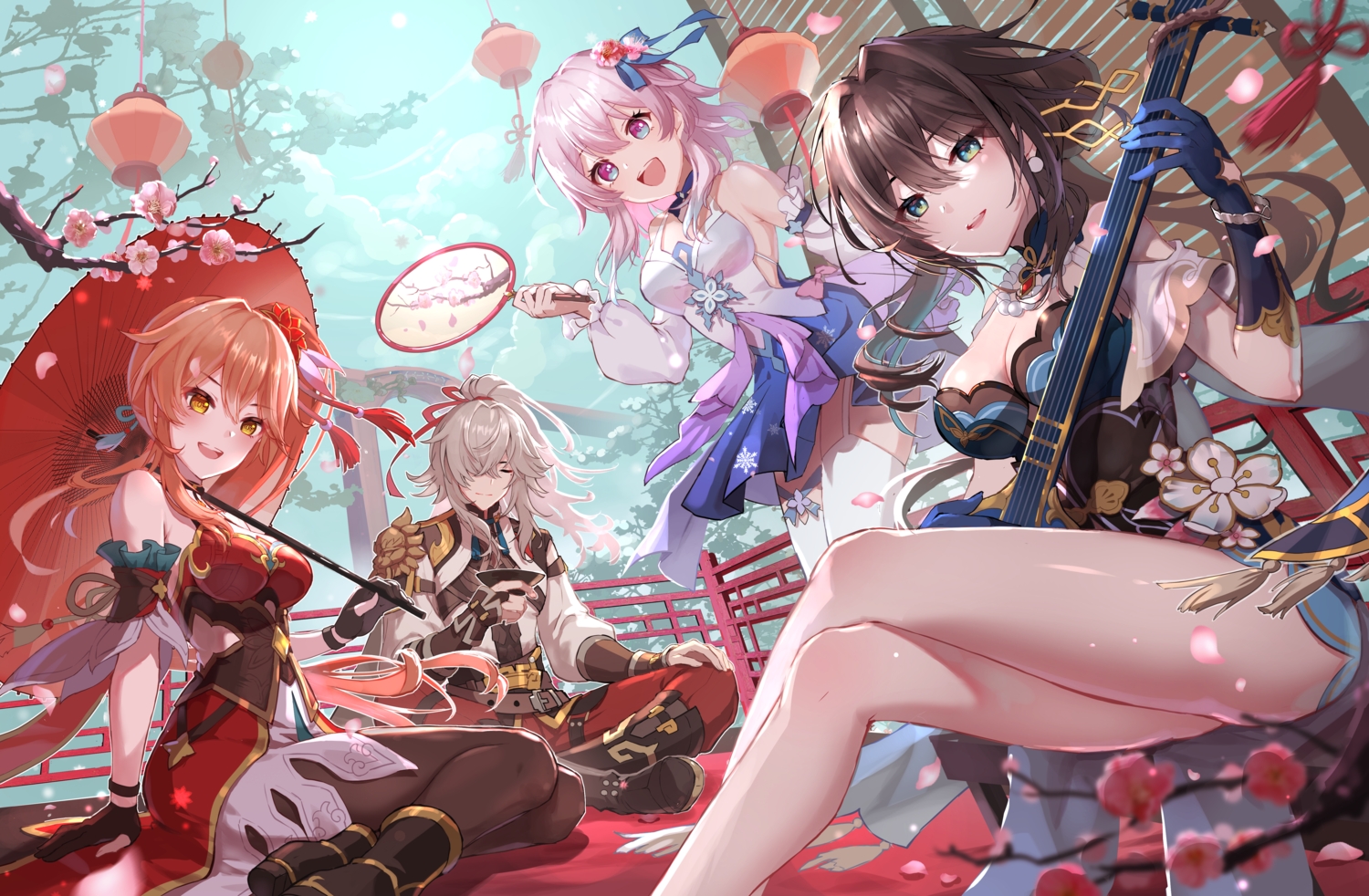 aqua_eyes, boots, bow, breasts, brown_hair, cherry_blossoms, chinese_clothes, choker