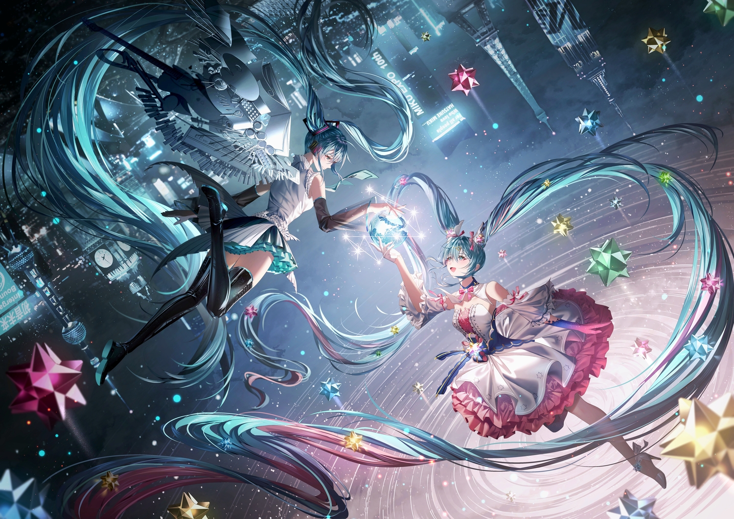 2girls, aliasing, aqua_eyes, aqua_hair, boots, bow, building, city