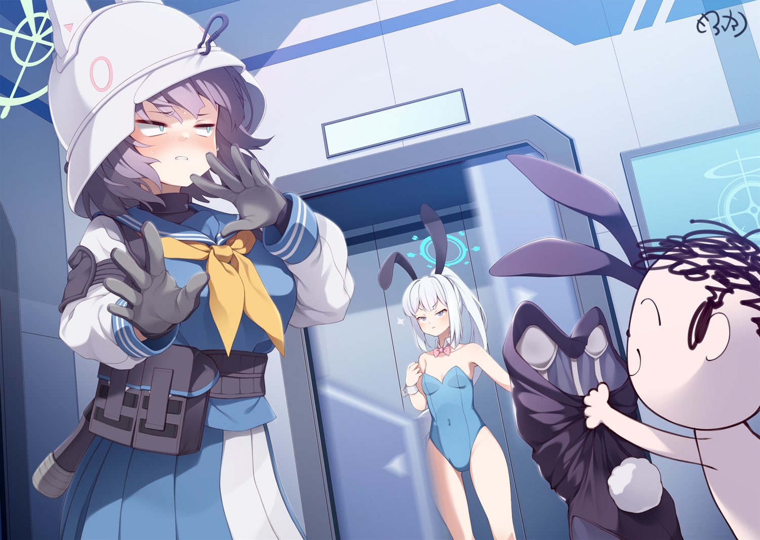 animal_ears, aqua_eyes, blue_archive, blush, bow, bunny_ears, bunnygirl, cat_smile