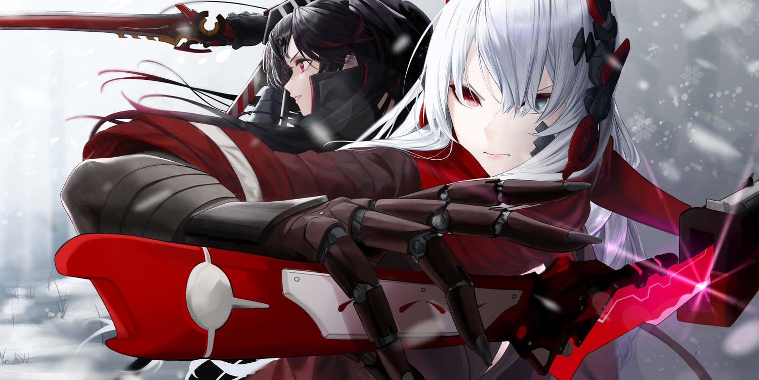 2girls, bicolored_eyes, black_hair, close, gray_hair, long_hair, lucia_(pgr), punishing:_gray_raven, red_eyes, scarf, scarfpen01, snow, sword, techgirl, weapon