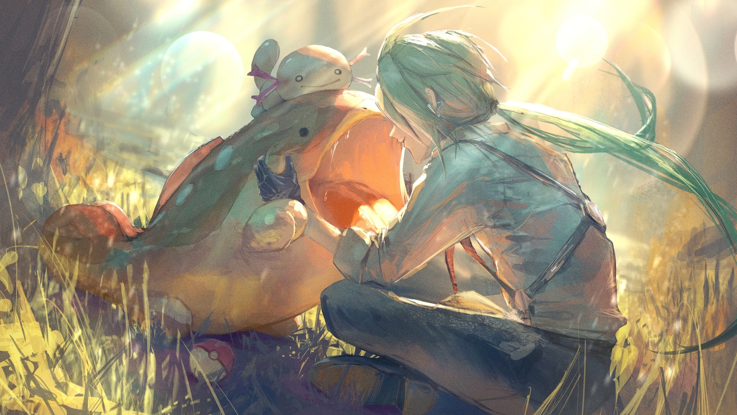 clodsire, gloves, grass, green_hair, long_hair, neg_(101neg), pokemon, ponytail, rika_(pokemon), shirt, sketch, wooper