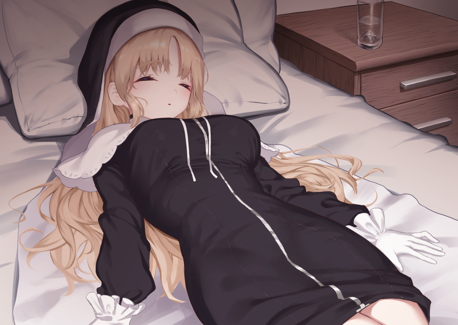 bed, blonde_hair, drink, gloves, kawaraya_koh, long_hair, nijisanji, nun, sister_cleaire, sleeping