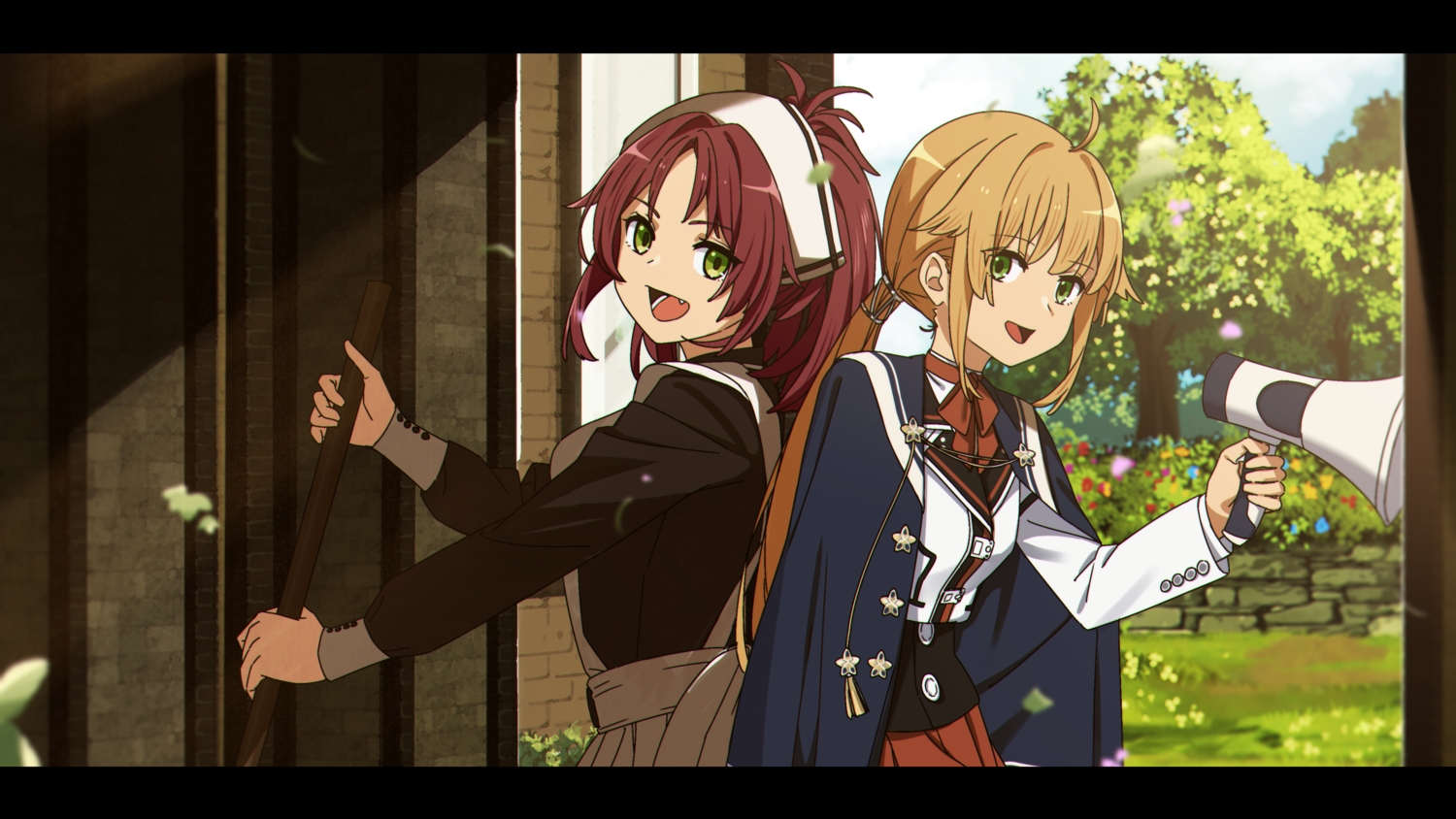 2girls, aisha_greyrat, blonde_hair, building, eris_kissaten, green_eyes, long_hair, maid