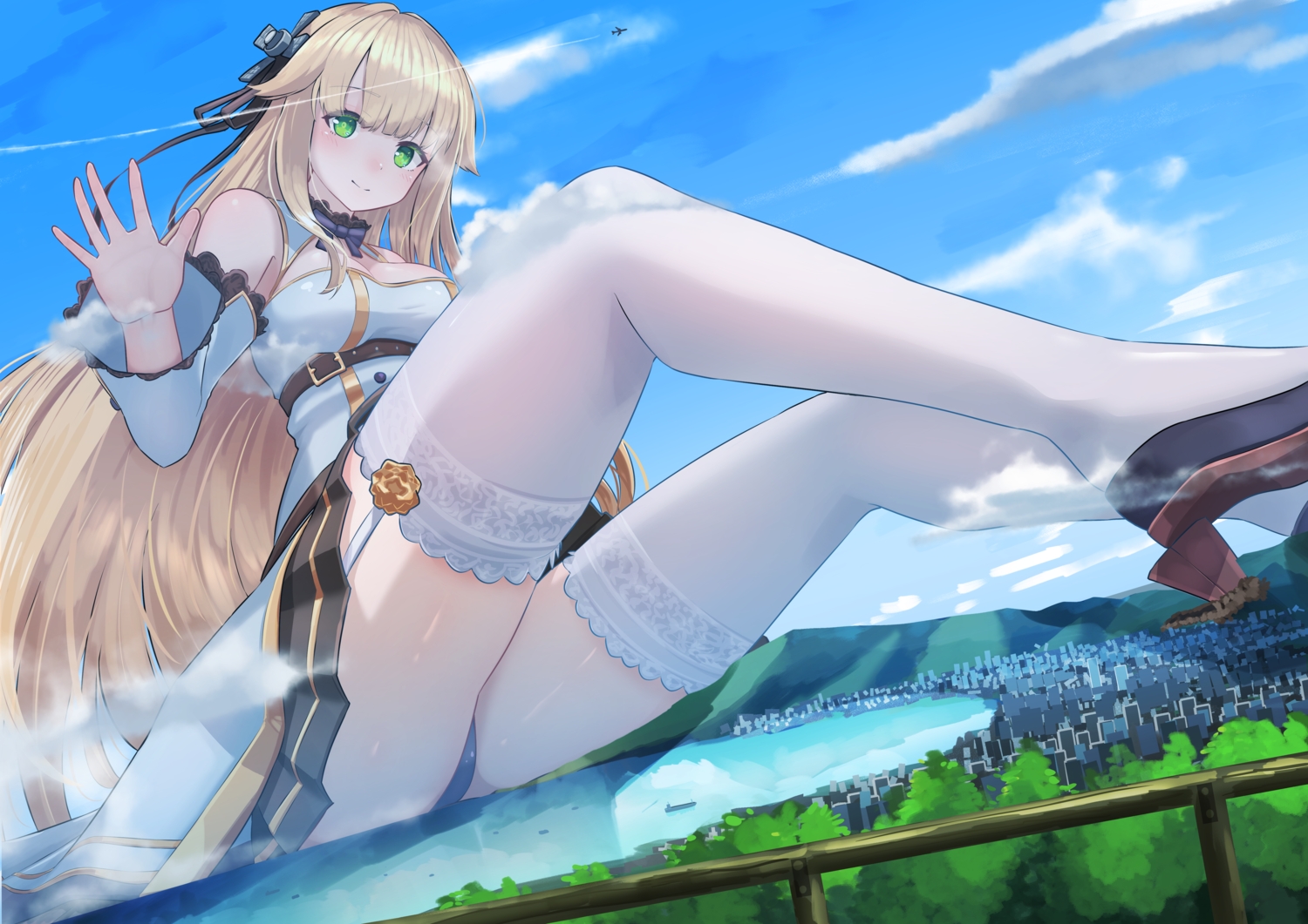 anthropomorphism, aurora_(azur_lane), azur_lane, blonde_hair, breasts, building, city, clouds, dress, garter_belt, green_eyes, long_hair, natsukaze_shigure, panties, skirt, sky, stockings, tree, underwear, upskirt, water