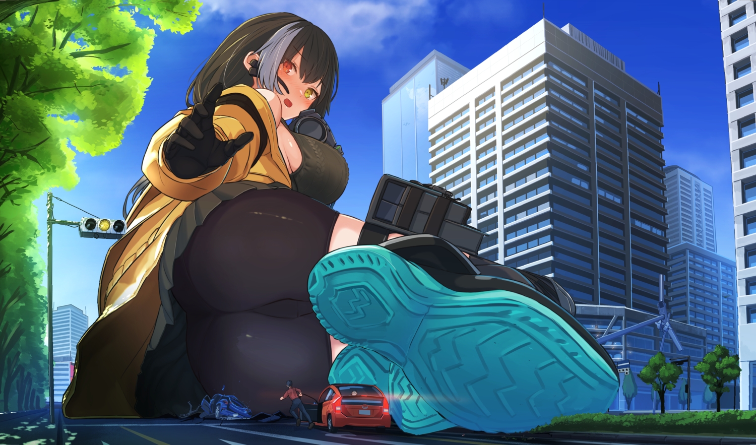 anthropomorphism, ass, bicolored_eyes, bike_shorts, black_hair, blush, breasts, building, city, clouds, girls_frontline, gloves, long_hair, natsukaze_shigure, ro635_(girls_frontline), shorts, sky, weapon