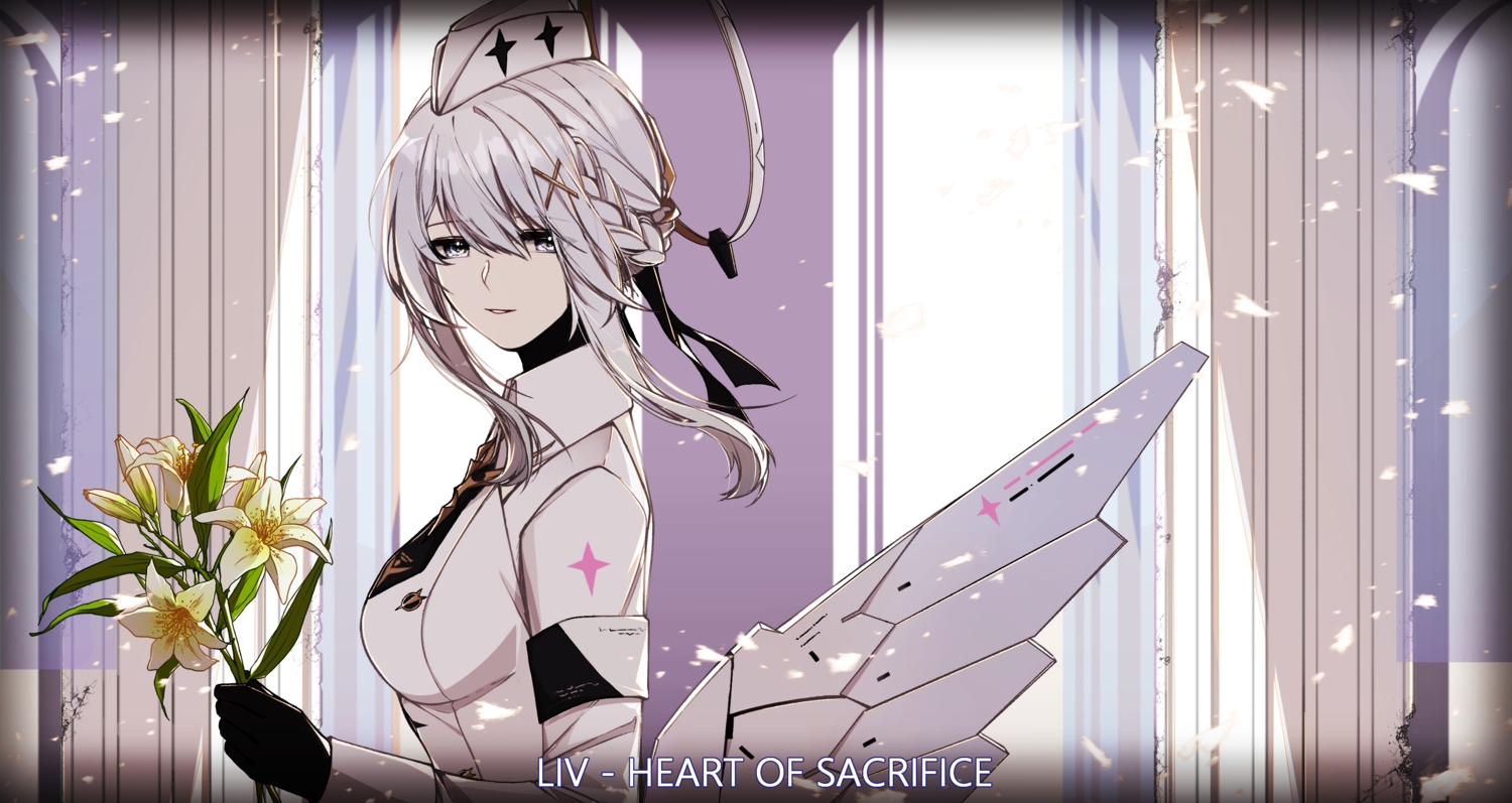 braids, dochi_ddoo, flowers, gloves, gray_eyes, gray_hair, halo, hat, liv_(pgr), punishing:_gray_raven, short_hair, wings