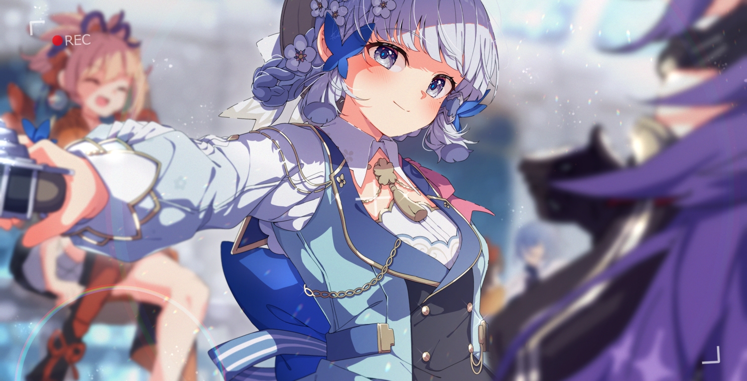 blonde_hair, blush, braids, camera, chevreuse_(genshin_impact), chiori_(genshin_impact), close, dress