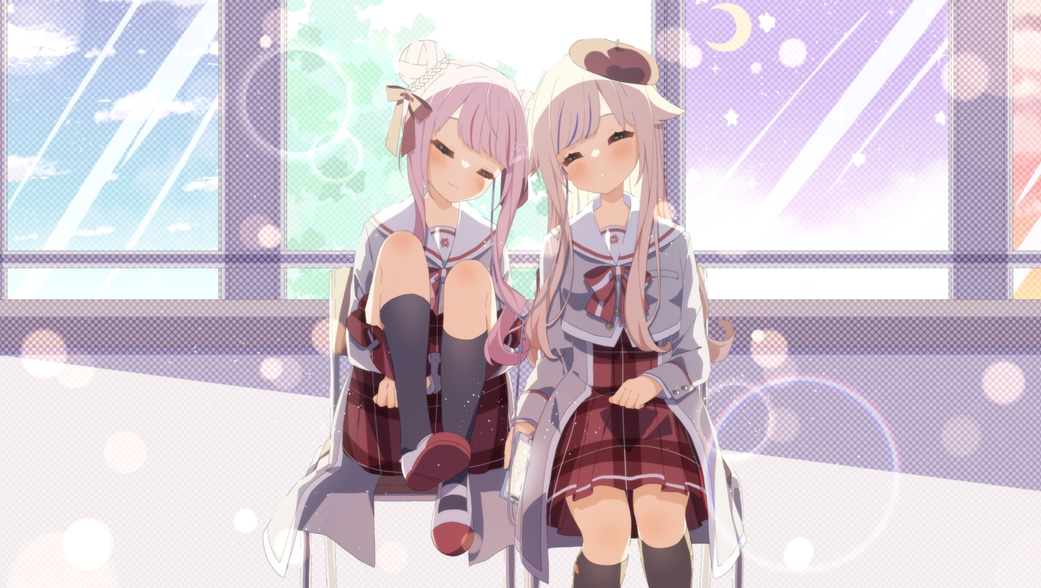 2girls, blush, braids, clouds, dress, gray_hair, hat, himehina_channel