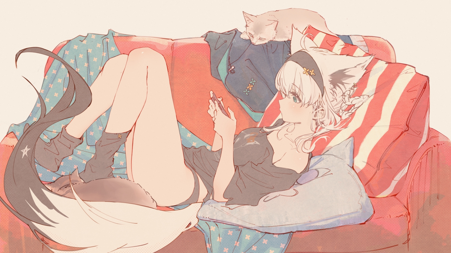 animal, animal_ears, aqua_eyes, blush, braids, cat, couch, foxgirl, headband, hololive, hyde_(tabakko), panties, shirakami_fubuki, sketch, socks, tail, underwear, white_hair