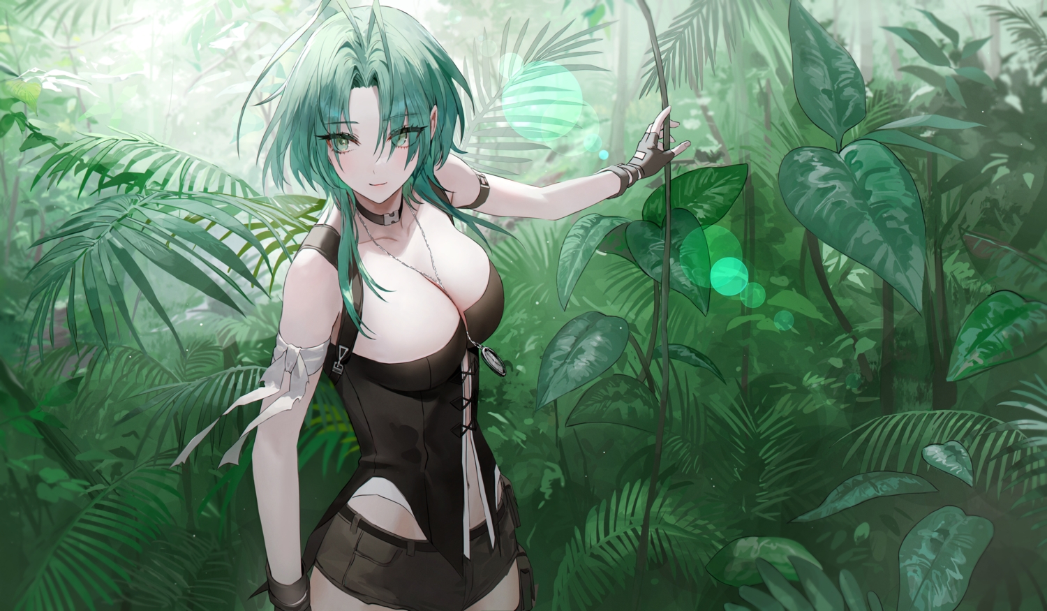 bandage, breasts, cleavage, collar, forest, gloves, green, green_eyes, green_hair, leaves, mantis_(path_to_nowhere), modanyang, necklace, path_to_nowhere, short_hair, shorts, tree, wristwear