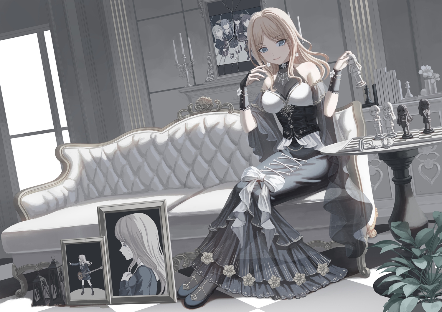 bang_dream!, blonde_hair, blue_eyes, bow, breasts, cleavage, corset, couch