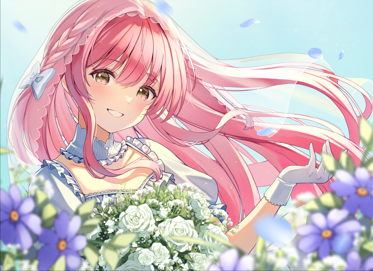 aliasing, blush, braids, brown_eyes, choker, flowers, gloves, headdress