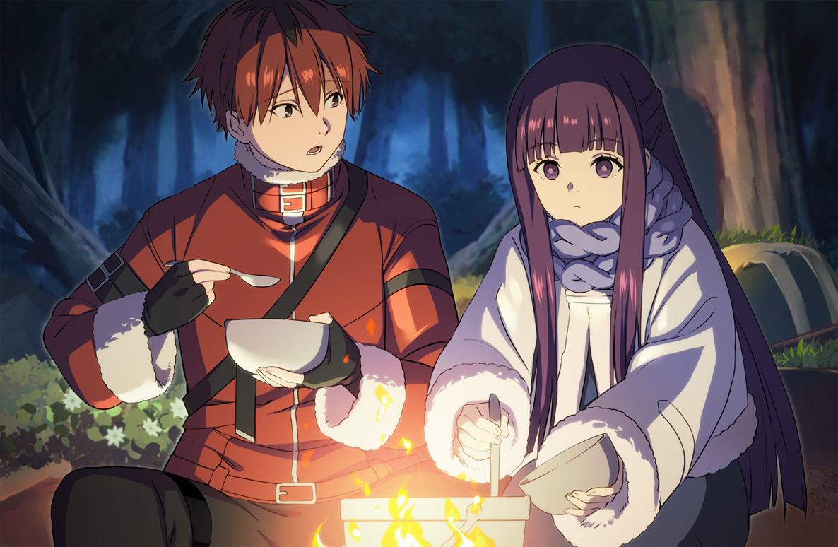 fern_(sousou_no_frieren), fire, food, forest, gloves, long_hair, male, night