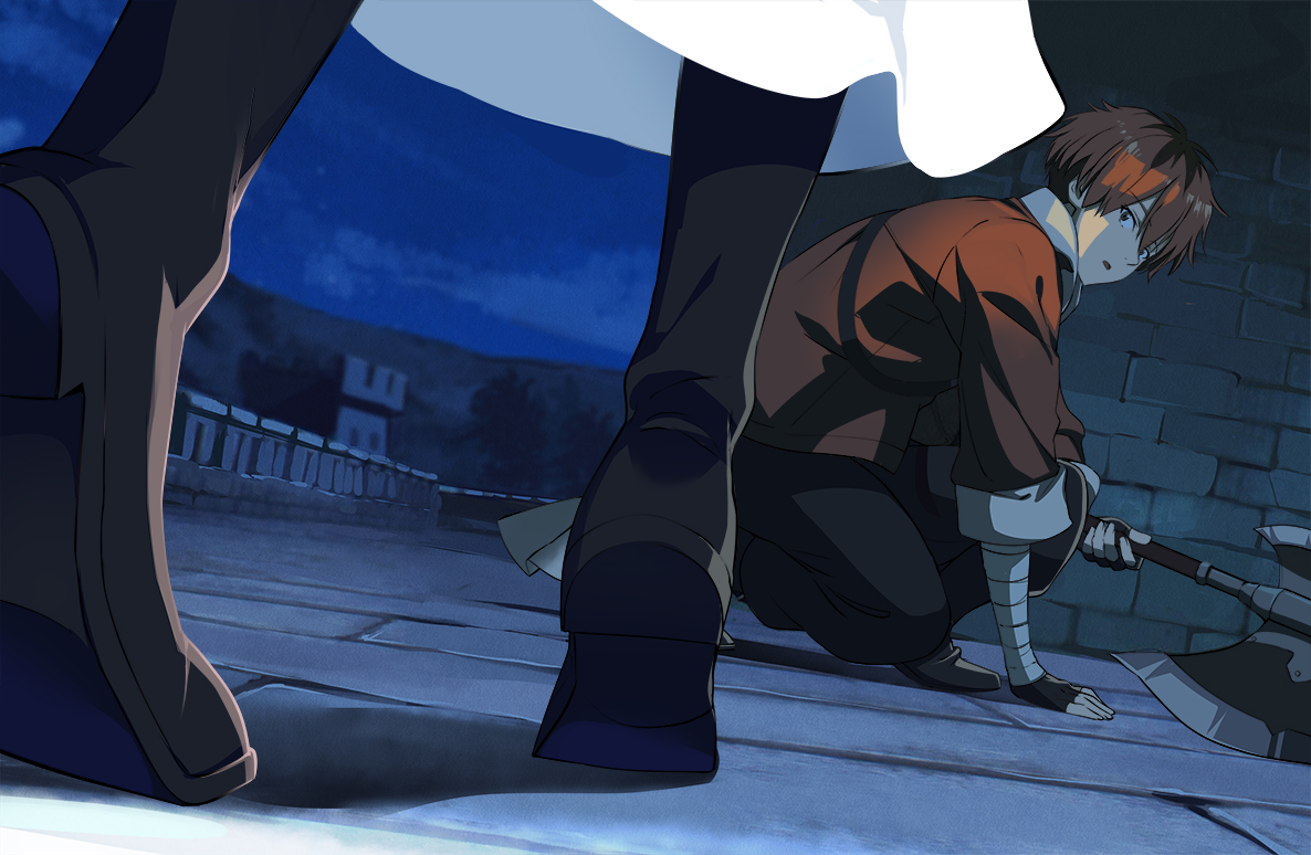 bandage, fern_(sousou_no_frieren), male, night, nyoro_(nyoronyoro000), red_hair, short_hair, sousou_no_frieren
