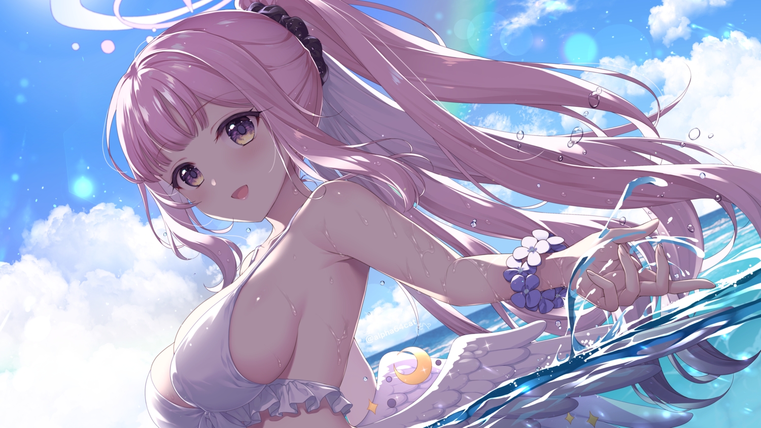 alpha_(yukai_na_nakamatachi), bikini, blue_archive, blush, breasts, cleavage, clouds, halo, misono_mika, pink_hair, ponytail, purple_eyes, rainbow, sky, swimsuit, water, watermark, wings, wristwear