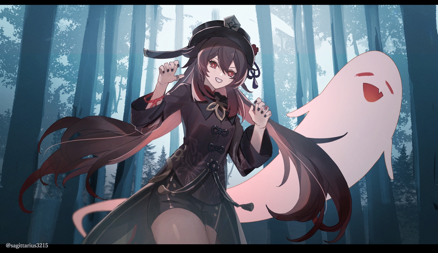 brown_hair, chinese_clothes, forest, genshin_impact, hat, hu_tao_(genshin_impact), kukatsuma, long_hair, red_eyes, shorts, sky, tree, watermark, wristwear