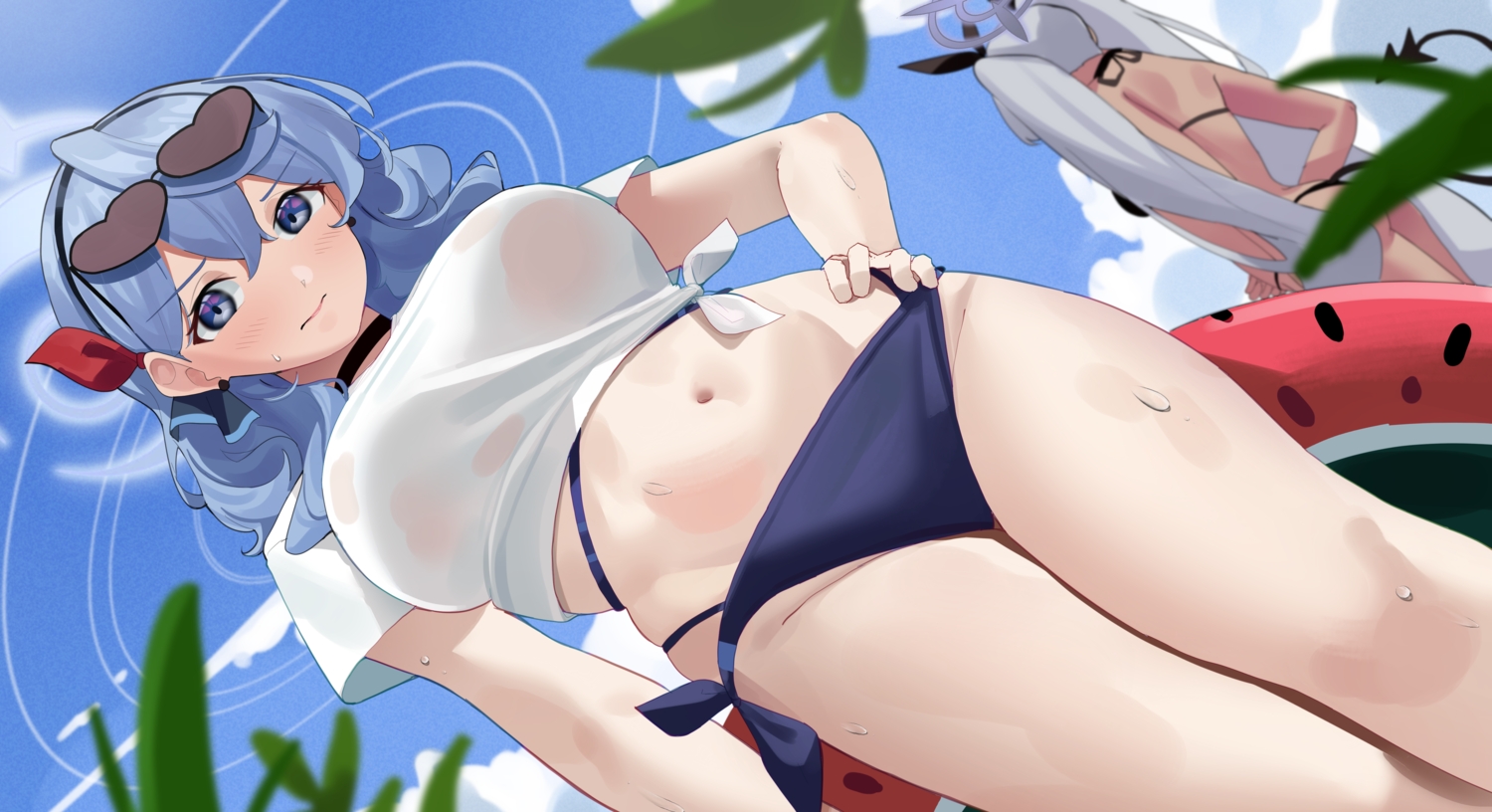 2girls, amau_ako, ass, bikini, blue_archive, blue_eyes, blush, breasts