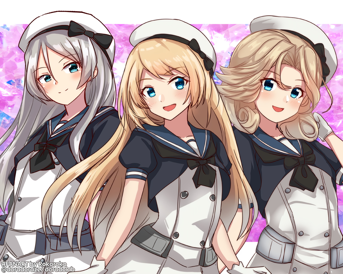 anthropomorphism, aqua_eyes, blonde_hair, gloves, gray_hair, hat, janus_(kancolle), javelin_(kancolle), jervis_(kancolle), kantai_collection, long_hair, roko_roko_(doradorazz), school_uniform, short_hair, watermark