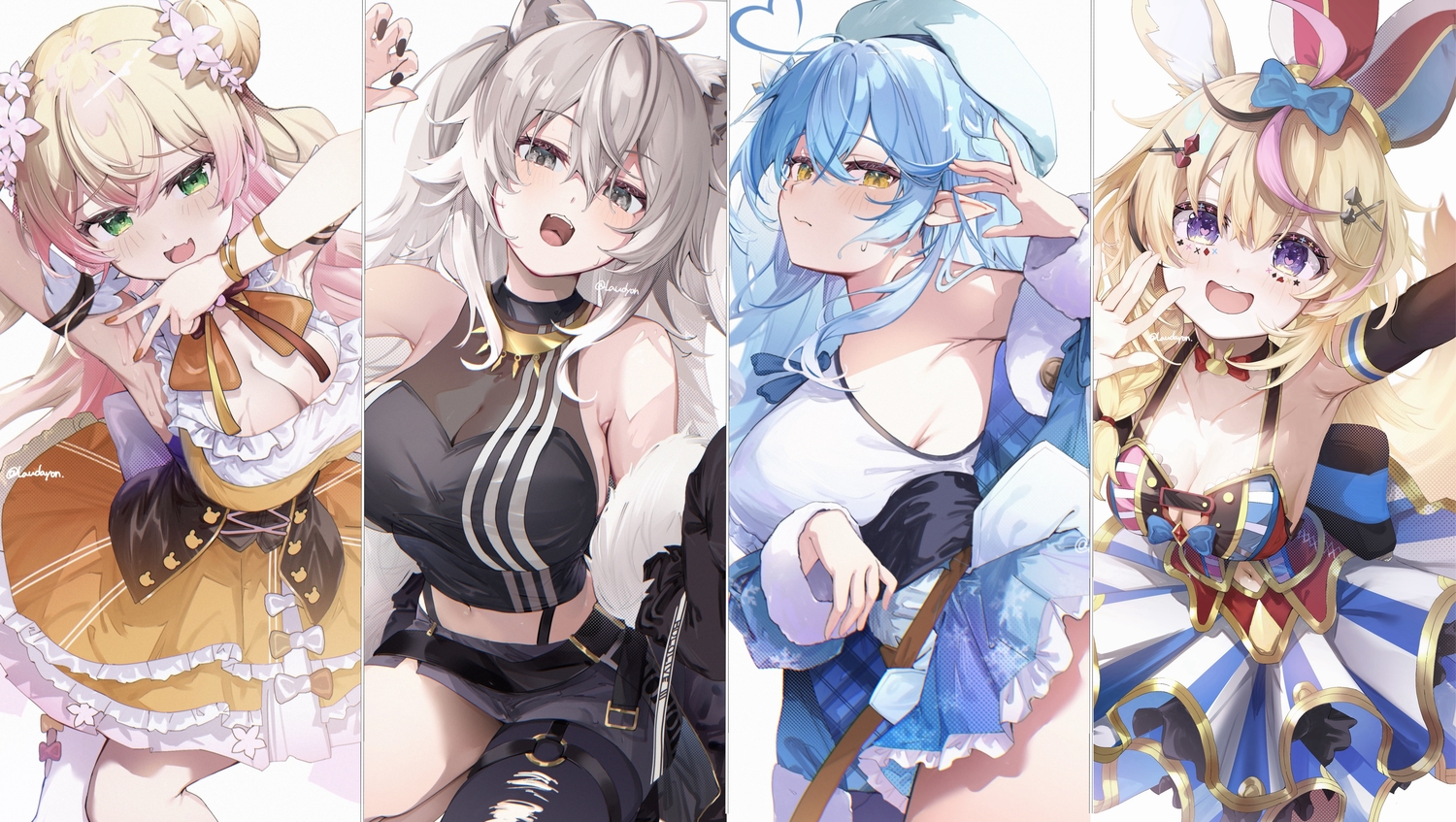 animal_ears, blonde_hair, blue_hair, blush, breasts, catgirl, cat_smile, cleavage