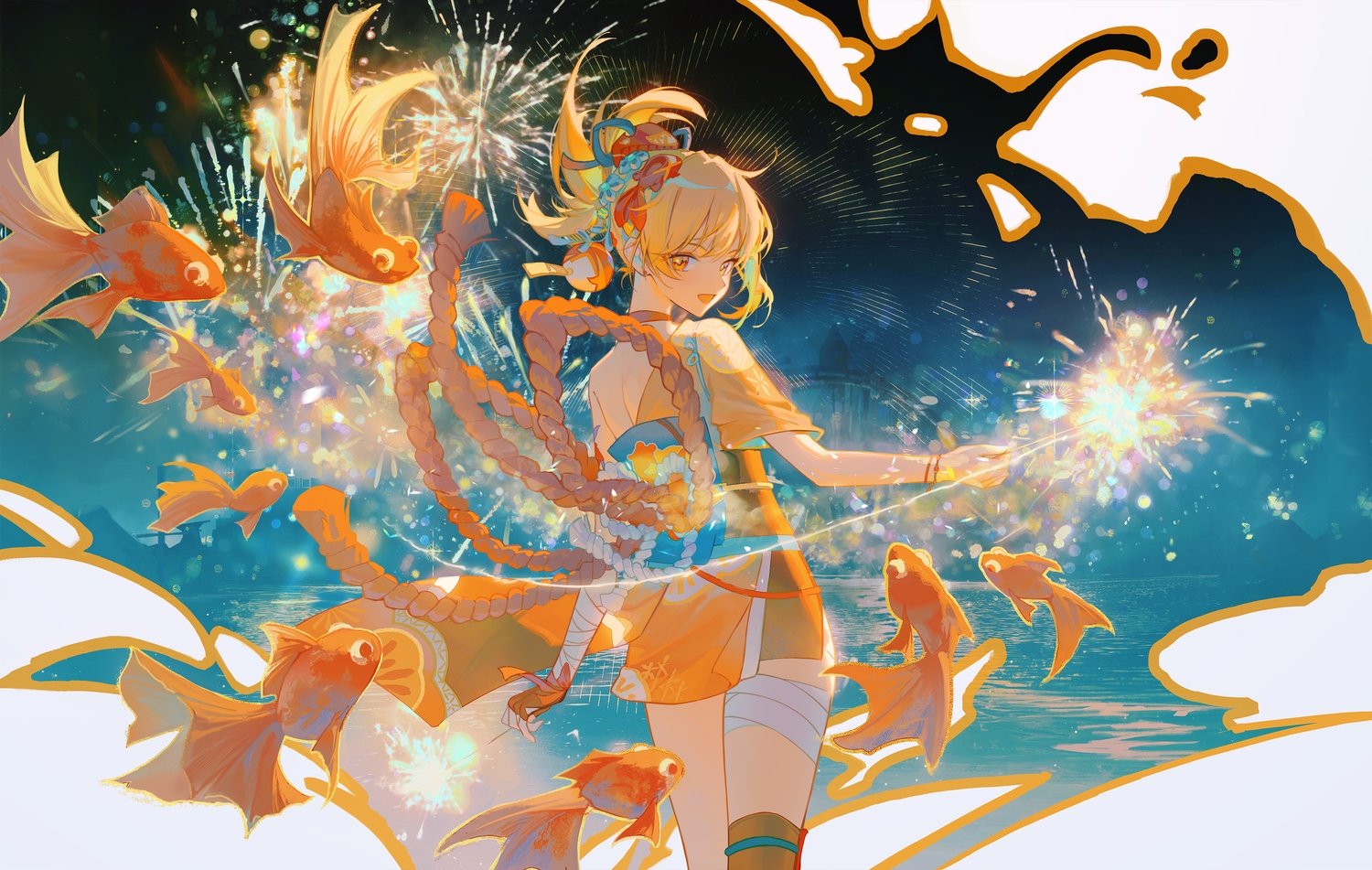 animal, ayanon_ite, blonde_hair, building, dress, fish, genshin_impact, japanese_clothes