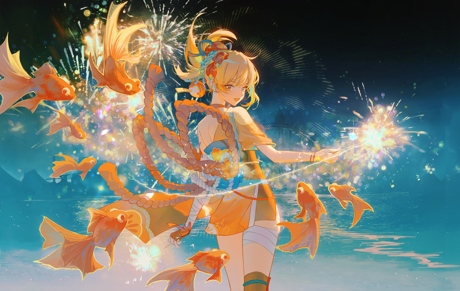 animal, ayanon_ite, blonde_hair, building, dress, fish, genshin_impact, japanese_clothes