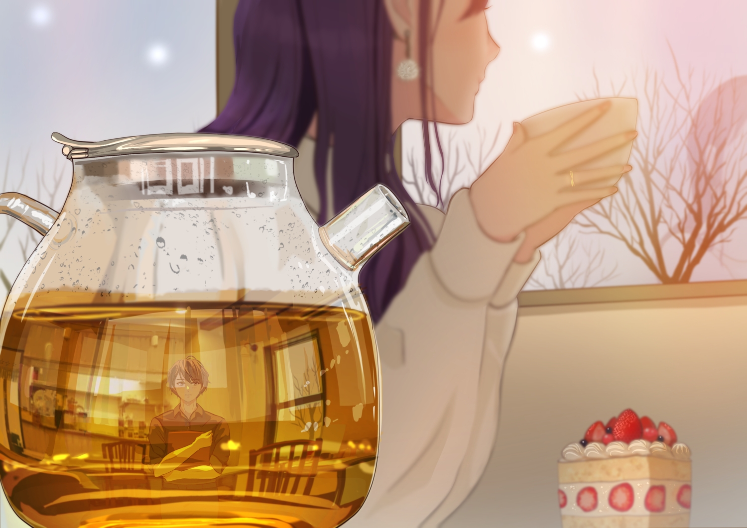 aliasing, cake, food, fruit, long_hair, male, nap_on_a_cloud, original