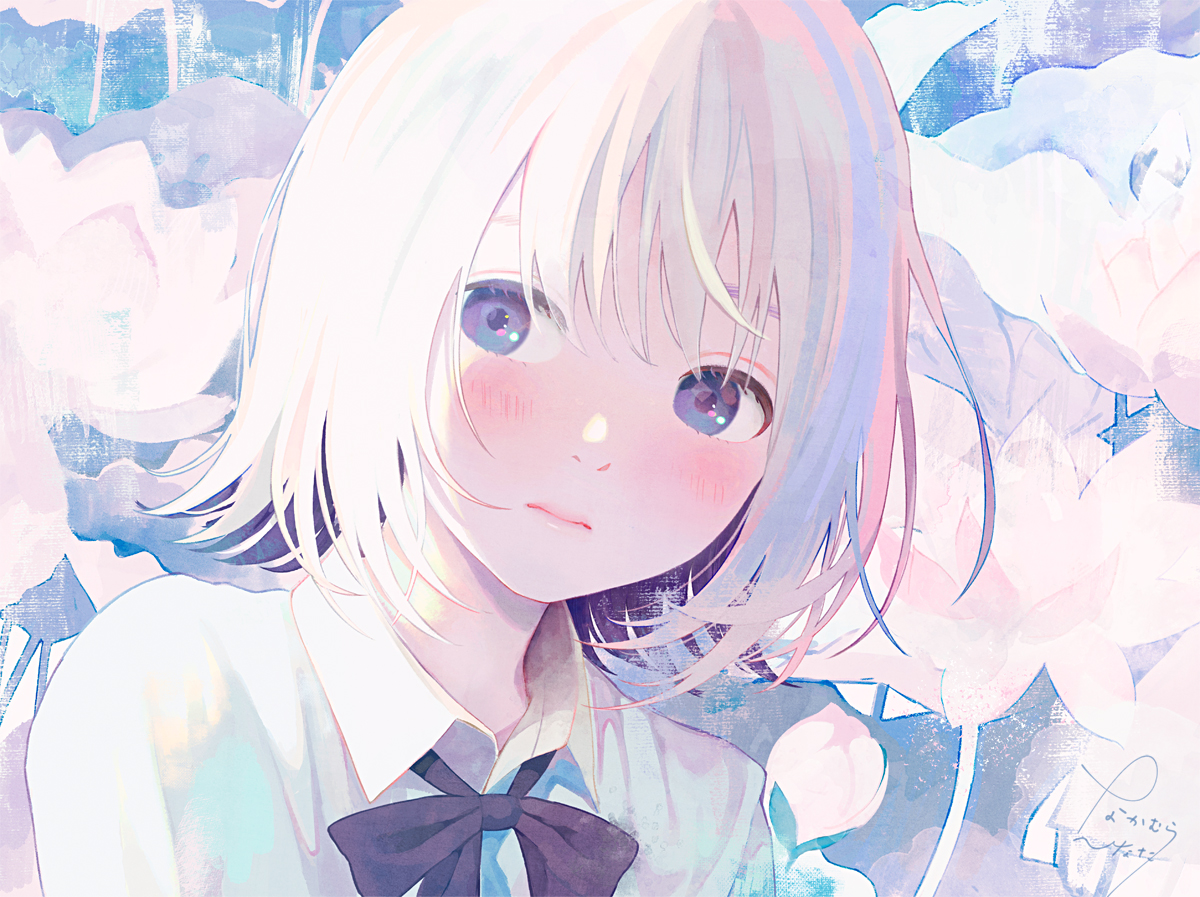 blush, bow, close, flowers, nakamura_hinata, original, polychromatic, purple_eyes, shirt, short_hair, signed, white_hair