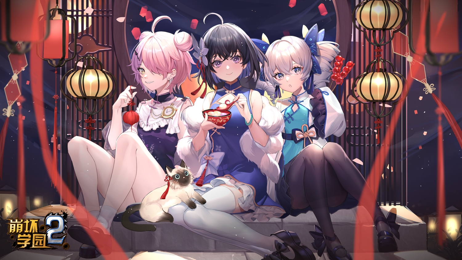animal, black_hair, bronya_zaychik, cat, chinese_clothes, chinese_dress, dress, flat_chest