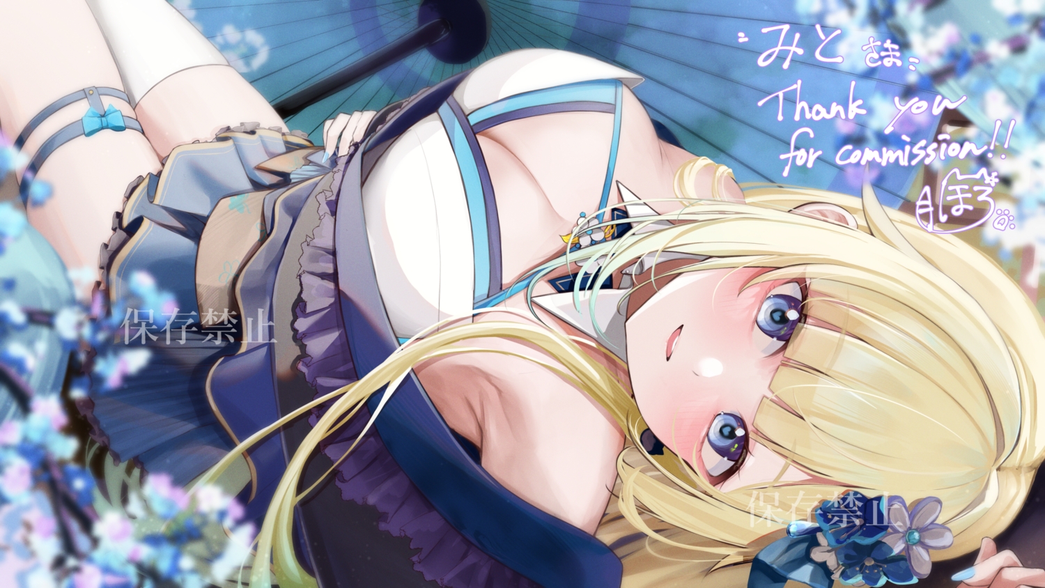 aizawa_ema, blonde_hair, blue_eyes, blush, breasts, cleavage, close, flowers