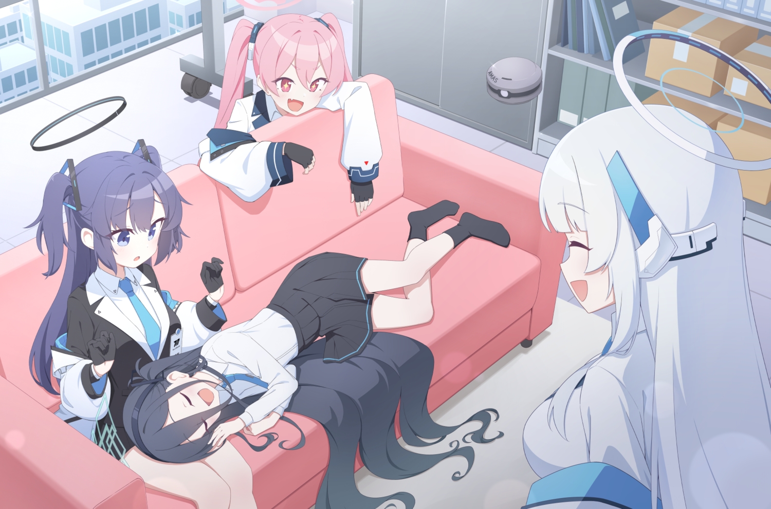 aliasing, black_hair, blue_archive, blush, building, city, couch, fang