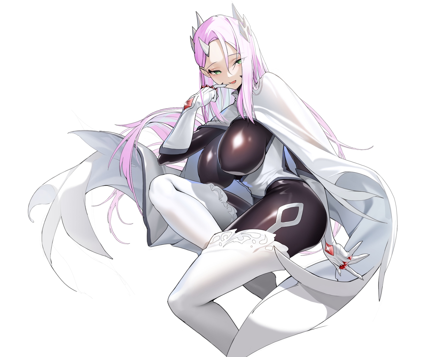 bodysuit, boots, breasts, cape, elbow_gloves, gloves, green_eyes, horns